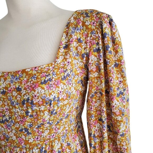 SO Cabin Fever Mustard Multi Floral Midi Dress Tiered Ruffle Hem Cottagecore M - Picture 3 of 16